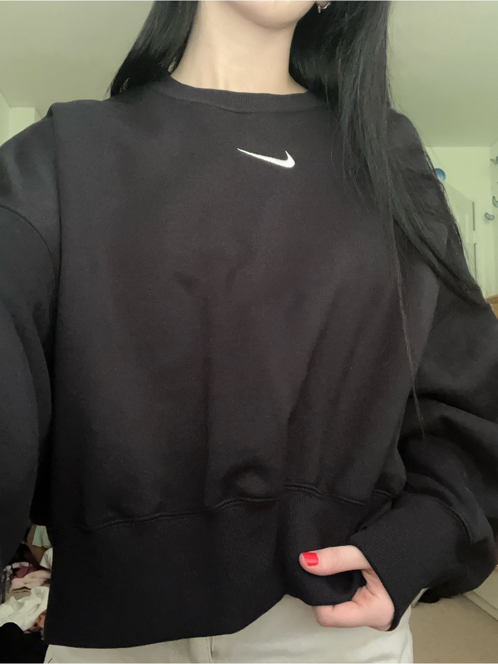 Nike Black womens Phoenix fleece Cropped Crewneck Sweatshirt - Swoosh Logo